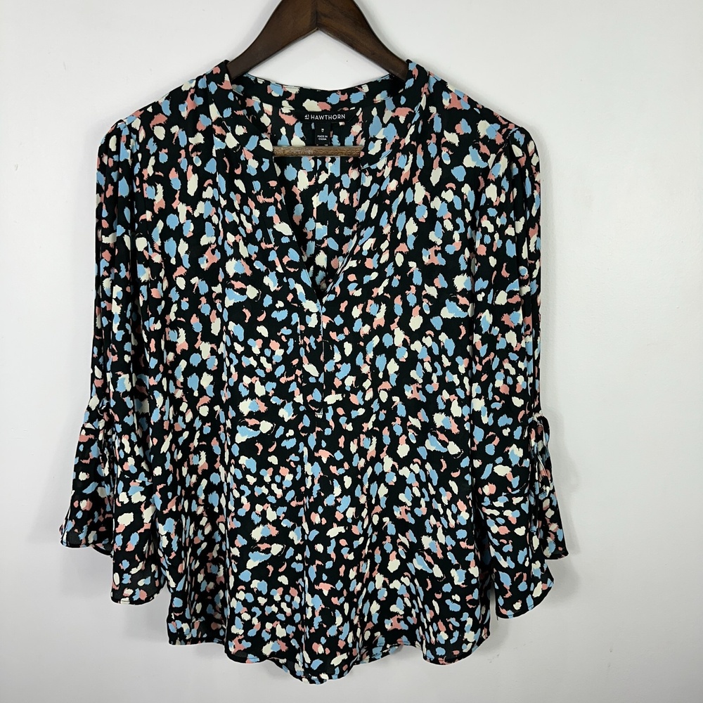 41 Hawthorn Blouse Women Medium Bell Sleeve Multicolor Abstract Print Artsy Boho